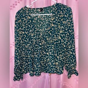 Shein puff long sleeve floral green blouse top